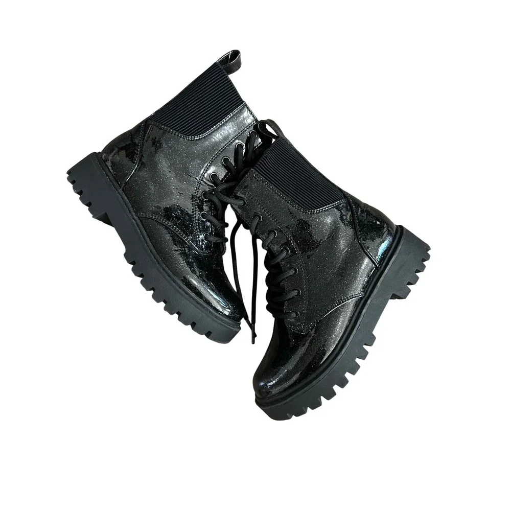 Kids Black Patent Glitter Combat Boots Lace Up Chunky‎ Sole Size 13